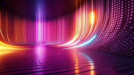 Vibrant Abstract Neon Light Tunnel with Digital Grid Floor. - Powered by Adobe
