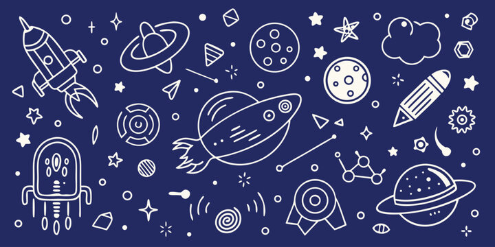 Outer space vector background with rockets planets stars and alien cartoon elements on dark blue backdrop minimalist design for kids and creative projects