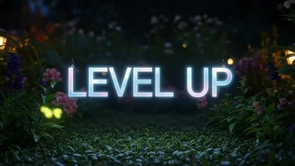 Glowing "LEVEL UP" text shimmering amidst a magical, enchanted forest at night with luminous flora and fireflies. - Powered by Adobe