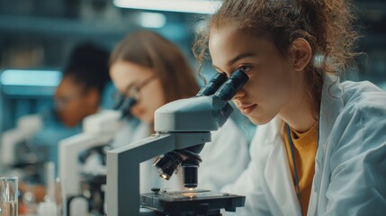 group of college students performing experiment using microscope in science lab university focused student looking through microscope in biology class high school girl examine samples during lecture 