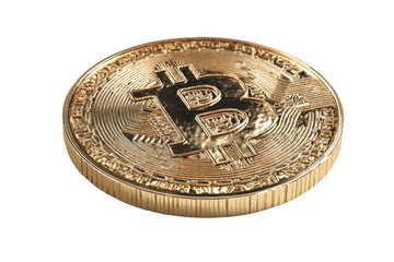 Golden Bitcoin coin, 3D rendered, slightly angled, isolated on black background