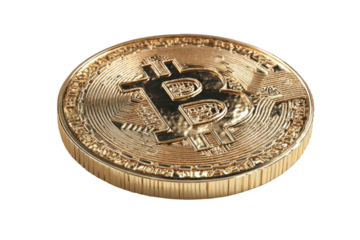 Golden Bitcoin coin, 3D rendered, slightly angled, isolated on black background