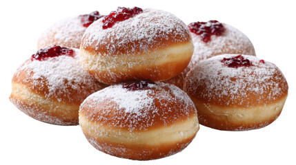 Freshly baked jelly-filled donuts dusted with powdered sugar, stacked delightfully on a white background.
