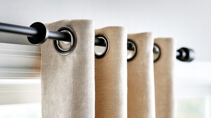 Beige curtains with grommet rings and a black rod, creating an elegant interior design.