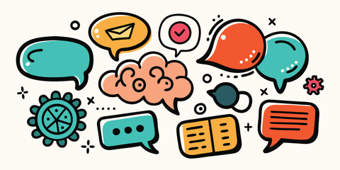 Playful communication elements vector illustration with speech bubbles gears and thought clouds for website design creative projects