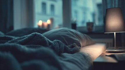 Cozy, dimly lit bedroom scene at night. Bed, bedside lamp, window, and candles create a tranquil space