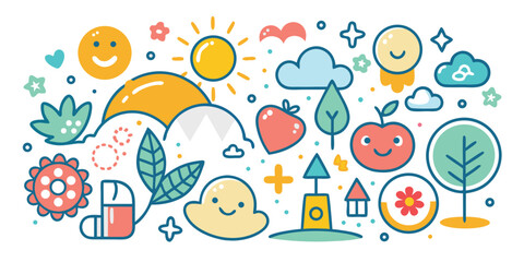 Playful doodle landscape with smiling sun fruits and trees vector design cheerful and whimsical illustration fun and aesthetic abstract nature scene