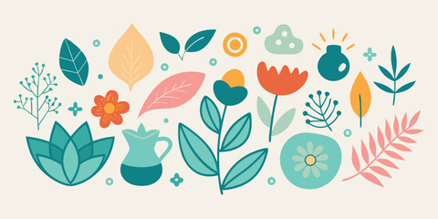 Playful floral arrangement featuring flowers leaves and shapes set against a light background for a whimsical decorative touch