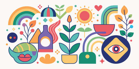 Playful geometric abstract illustration with rainbows,flowers,plants,sun,and smiling character perfect for creative designs and artistic backgrounds