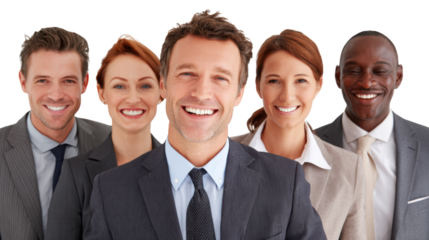 Group of cheerful professionals in suits, smiling and posing together, isolated on white background.