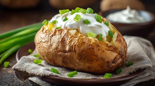 Baked potato with green onion and sour cream
