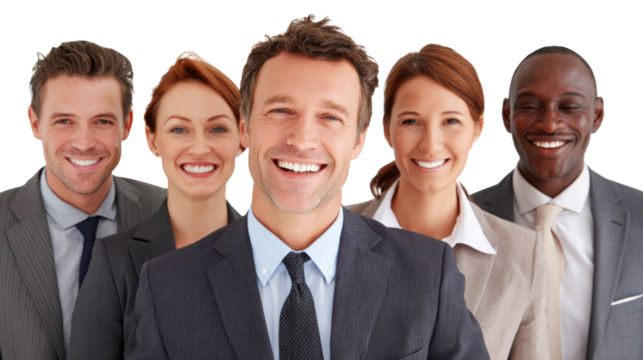 Group of cheerful professionals in suits, smiling and posing together, isolated on white background.