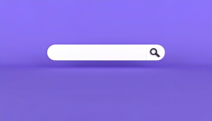 A clean, minimalist image of a white search bar with a magnifying glass icon on a solid purple background.