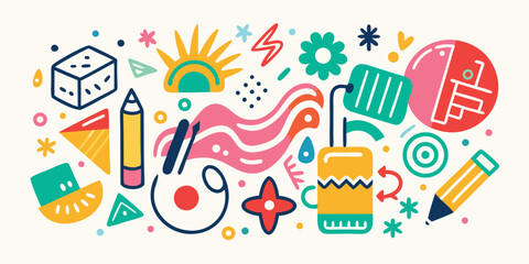 Playful vector doodle illustration with abstract shapes pencils flowers and geometric elements,ideal for creative backgrounds designs and educational projects with whimsical flair