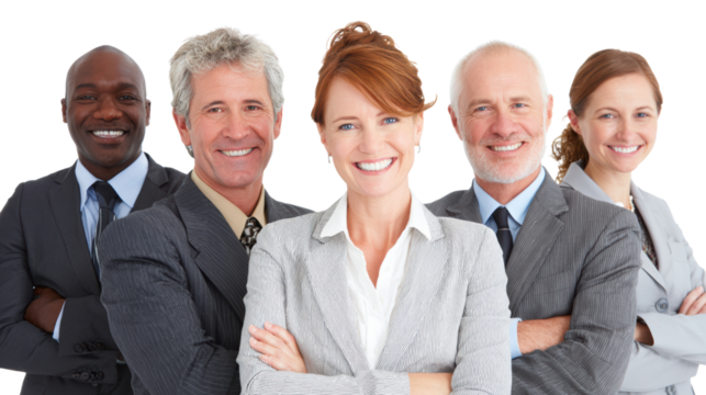Group of diverse business professionals smiling confidently, isolated on white background.