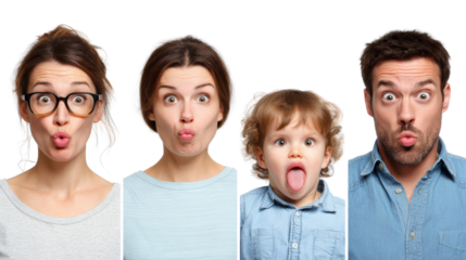 Group of diverse individuals making funny faces, playful expressions, white isolated background.