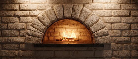 The stone brick oven with glowing fire in rustic warm kitchen setting