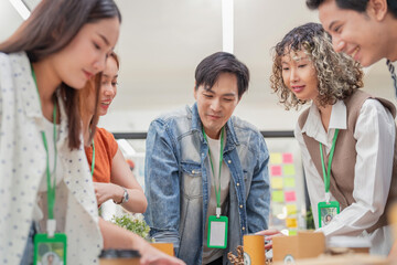 Creative ESG brainstorming session for earth friendly reuse recycle packaging campaign. Team develops viral environmental social impact strategy through sustainable innovation purpose driven marketing