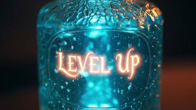 A close-up of a glass bottle filled with a vibrant, effervescent blue liquid, featuring a glowing 'LEVEL UP' label.