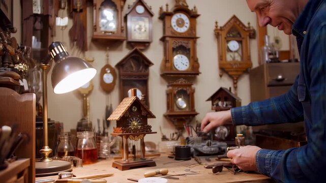 Craftsman carefully working on intricate details of a classic cuckoo clock in his workshop