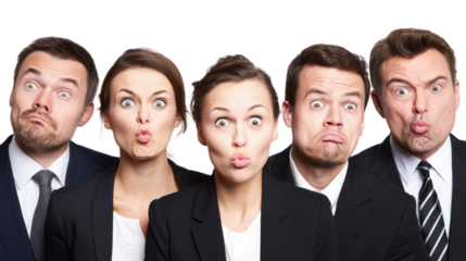 Group of people making funny faces with exaggerated expressions on a white isolated background.