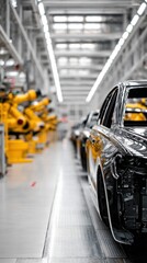 Obraz premium Cars in an automotive factory being assembled with automated machinery.