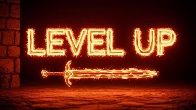Fiery "LEVEL UP" text and a glowing sword against a dark, stone background, symbolizing gaming progress.