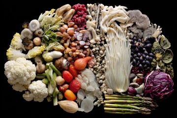 A vibrant array of vegetables and fungi arranged to resemble a brain