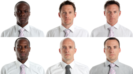 Group of professional men in formal attire, isolated on a white background.