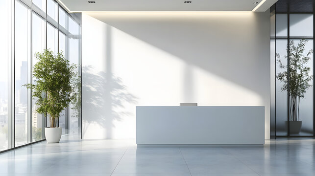 A blank white wall in an office with a reception desk and glass walls. Illustration for an office logo mockup.