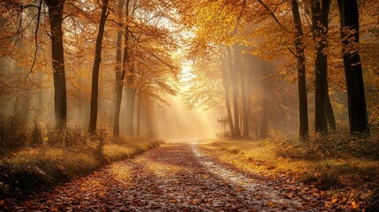 Fototapeta premium Sunlit Autumn Forest Path with Golden Leaves and Majestic Trees Creating a Serene and Picturesque Nature Scene