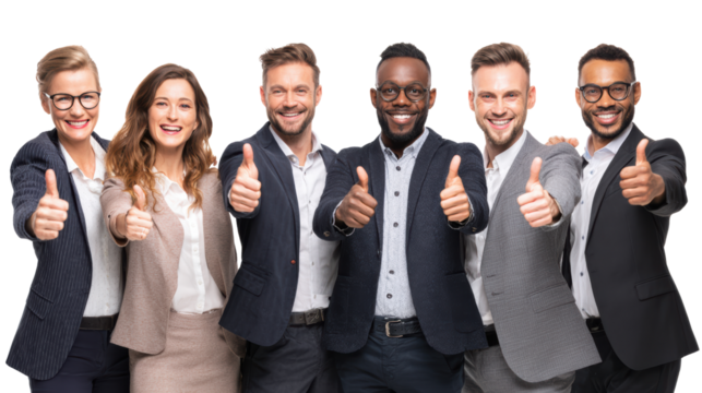 Group of professionals giving thumbs up, celebrating success and teamwork on a white isolate background.