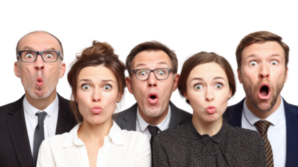 Group of shocked business people with surprised expressions on a white isolated background.