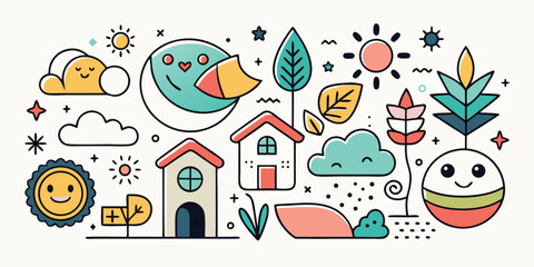Whimsical landscape vector illustration featuring houses trees clouds sun and happy faces perfect for childrens designs and nature related projects