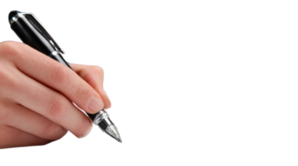 Hand holding a fountain pen ready to write on an isolated background.