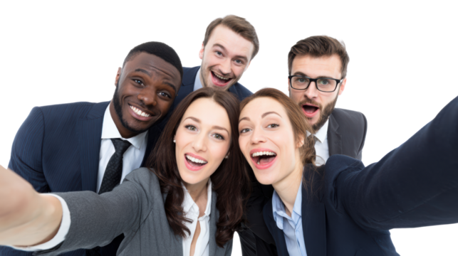 Group of smiling professionals taking a selfie together, isolated on white background.