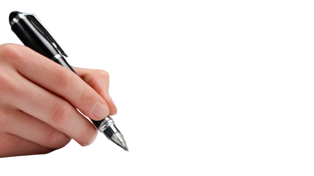 Hand holding a fountain pen ready to write on an isolated background.