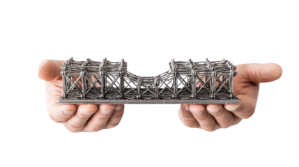Hands holding a metal architectural model against a clear background.