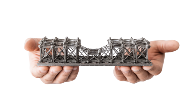 Hands holding a metal architectural model against a clear background.