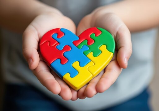 Hands holding a colorful autism awareness heart puzzle symbol representing unity and understanding