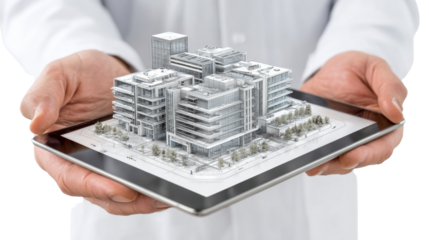 Hands holding a tablet displaying a 3D model of modern architecture on a white isolated background.