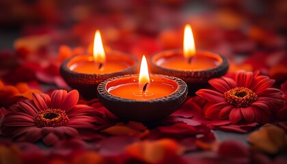 Three lit orange candles surrounded by red flowers and petals light flame