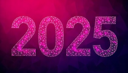 Geometric polygonal design of the year 2025 against a dark pink and purple background