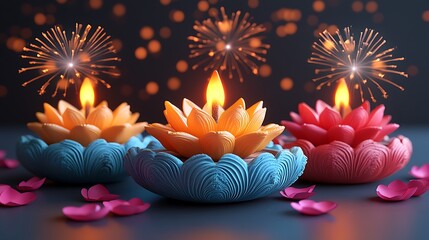 Three lotus shaped candles glowing with fireworks in the background diwali festival