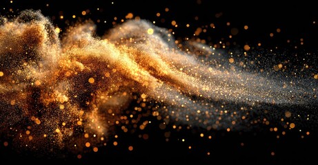 Abstract swirling gold and grey particles on black