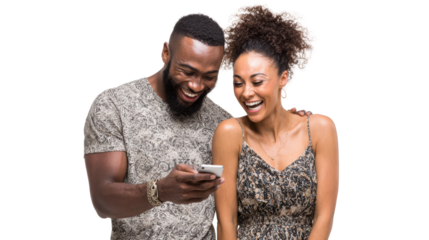Happy couple enjoying a fun moment together while looking at a smartphone, isolated on a white background.