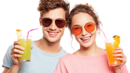 Happy couple enjoying colorful drinks, isolated on white background.