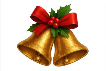 Golden christmas bells featuring red ribbon, holly leaves, berries creating festive holiday spirit against transparent backdrop