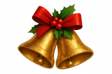 Golden christmas bells featuring red ribbon, holly leaves, berries creating festive holiday spirit against transparent backdrop