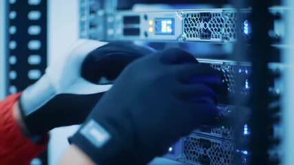 Technician adjusting server components in a data center with blue LED lights illuminating the space - Powered by Adobe